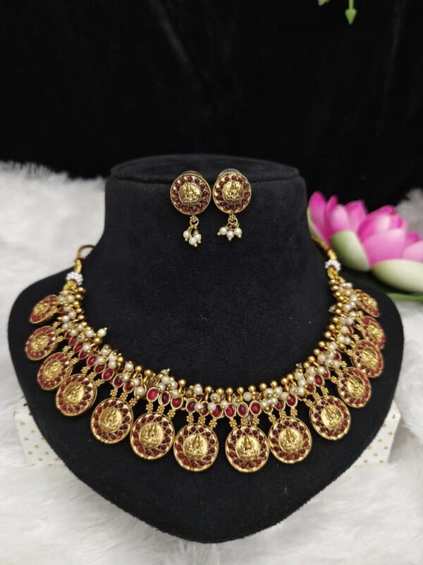 Lakshmi coins necklace with earrings - RUBY
