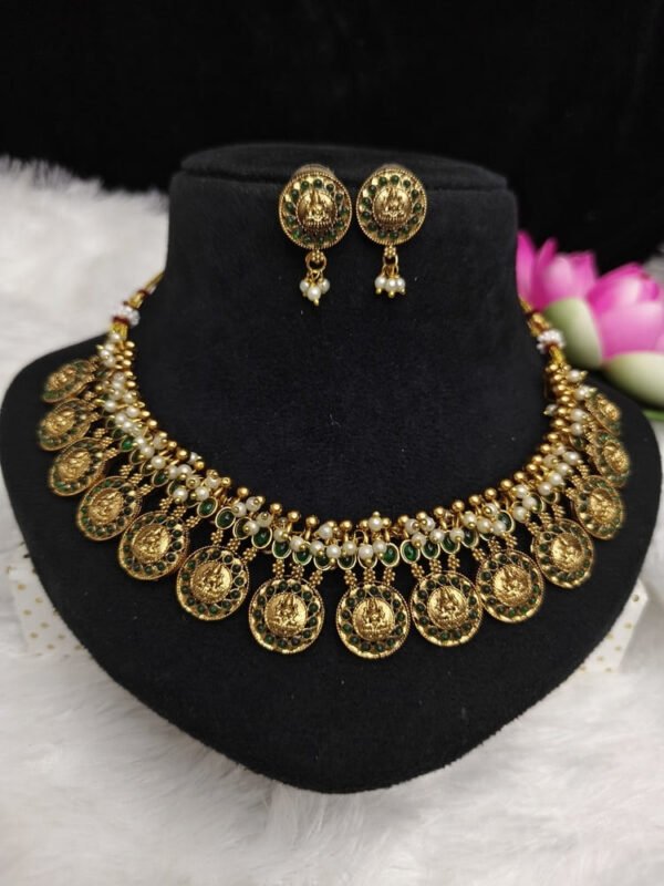 Lakshmi coins necklace with earrings - GREEN
