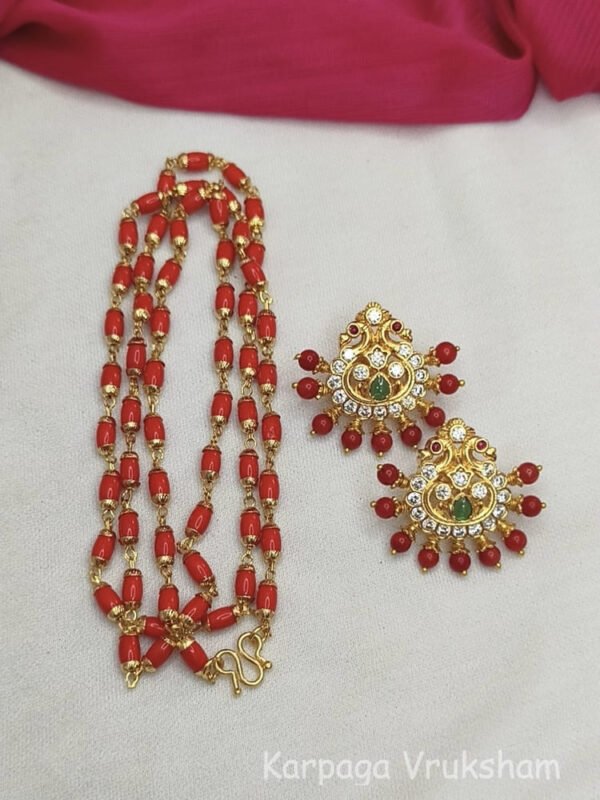 Coral mala with coral earrings