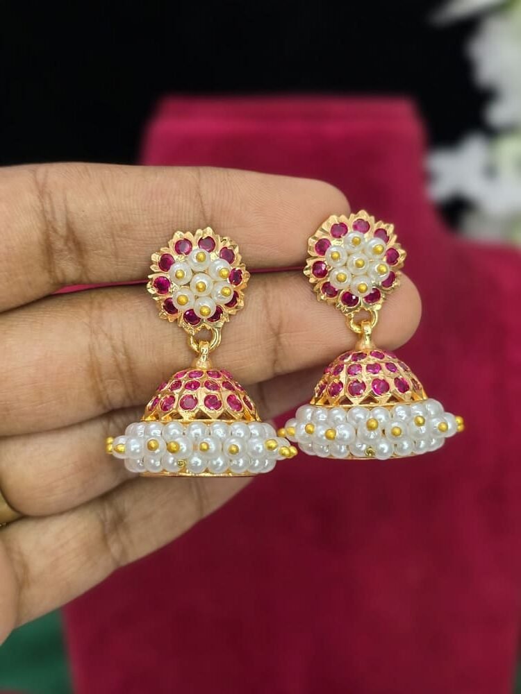 Impon jumkas with pearls and rani pink stones