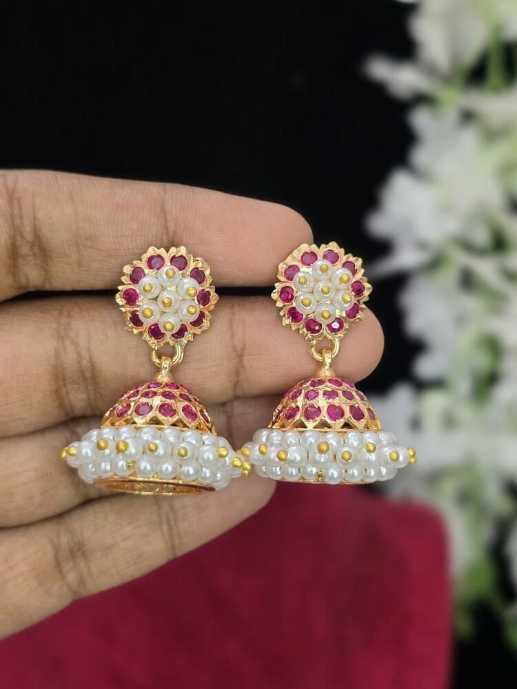 Impon jumkas with pearls and rani pink stones - Image 2